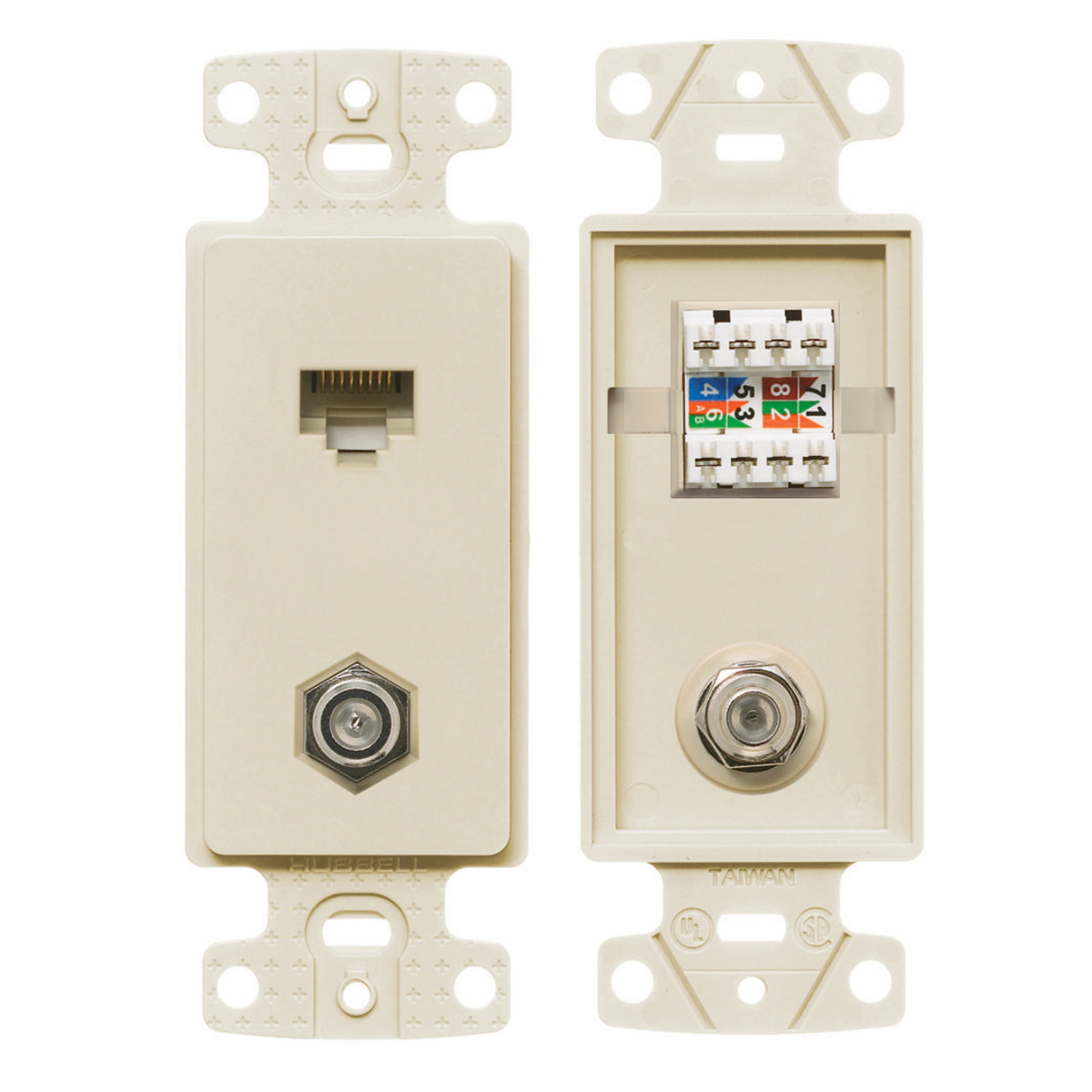 Hubbell Premise Wiring Products, Plates, 1-Gang Frame, With F Connectorand Cat5e Jack, Light Almond