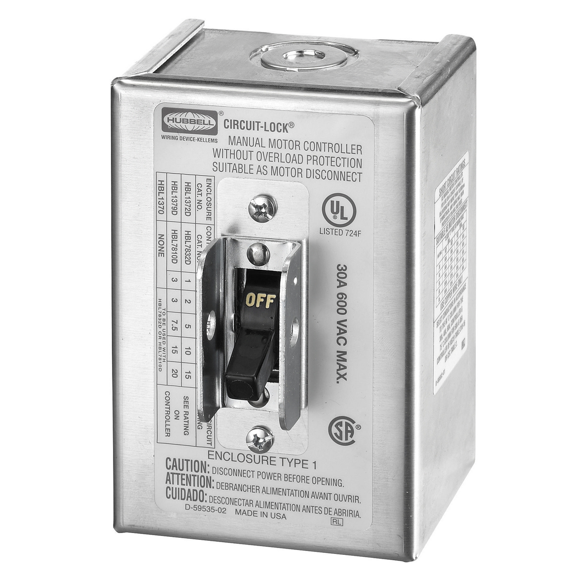 Circuit-Lock NEMA 1 Enclosure Toggle Switch Disconnect, 3-Pole, 30A 600V AC, Aluminum