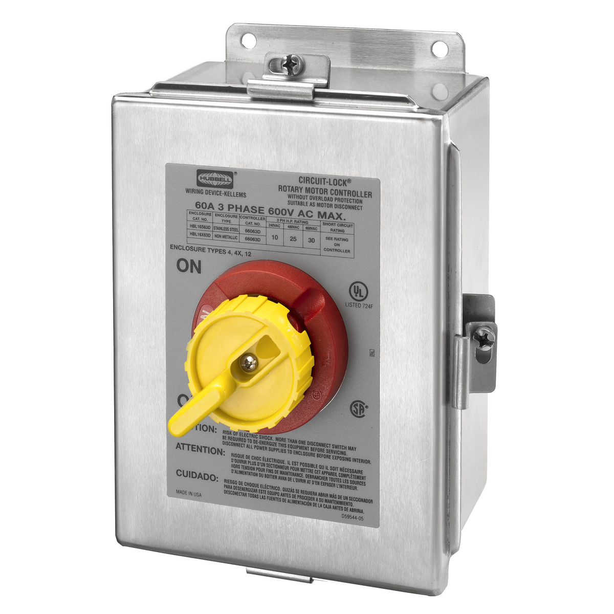 Switches and Lighting Controls, Industrial Grade, Switched Enclosures, Motor Disconnects, Three Pole, 60A 600V AC, Front Wired Terminal Screws