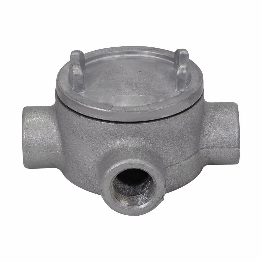 Eaton Crouse-Hinds series Condulet GUA conduit outlet box with cover, 3" cover opening diameter, Feraloy iron alloy, X shape, 3/4"