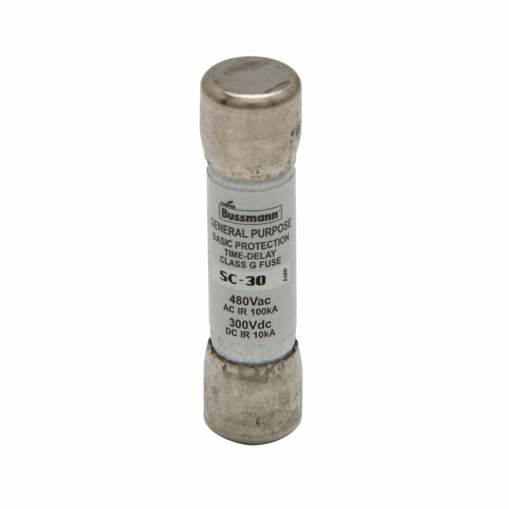 Eaton Bussmann series SC fuse, Current-limiting time-delay fuse, Rejection style, 30 A, Class G, Non-indicating, Ferrule end x ferrule end, 12 sec at 200%, 10 kAIC at 300 Vdc,100 kAIC at 480 Vac, Bulk, 480 V, 300 Vdc