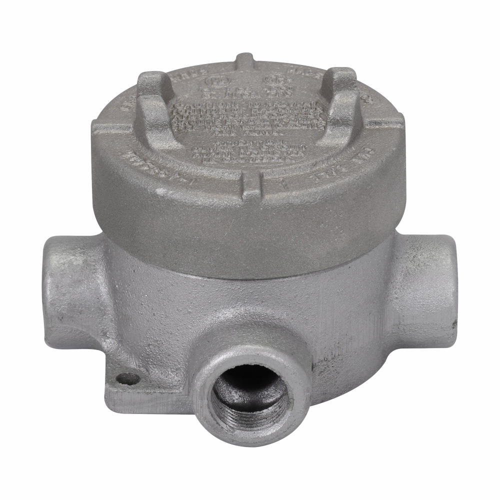Eaton Crouse-Hinds series Condulet EAJ conduit outlet box with cover, 3-3/16" cover opening diameter, Feraloy iron alloy, T shape, 1"