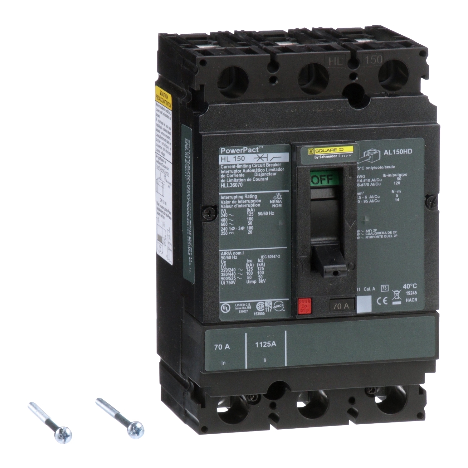 Circuit breaker, PowerPacT H, 70A, 3 pole, 600VAC, 50kA, lugs, thermal magnetic, 80%