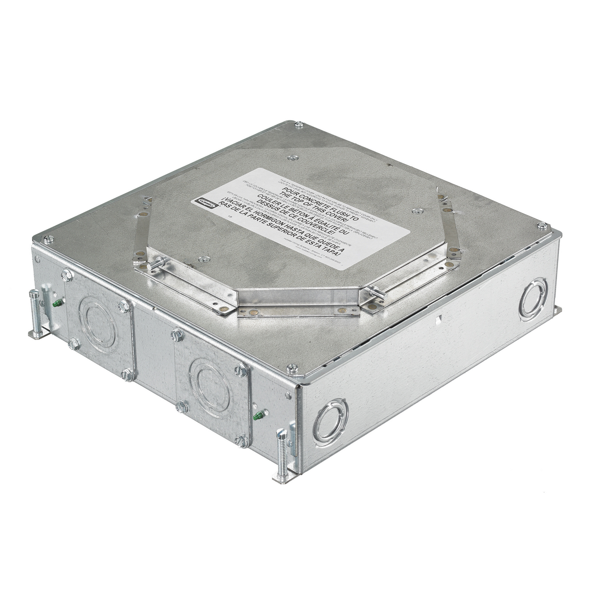 Concrete Floorboxes, Galvanized Stamped Steel Box, Recessed, 4-Gang CFB Series Box for Round Covers, 3.75" Minimum Depth of Pour, Corrosion Resistant Paint