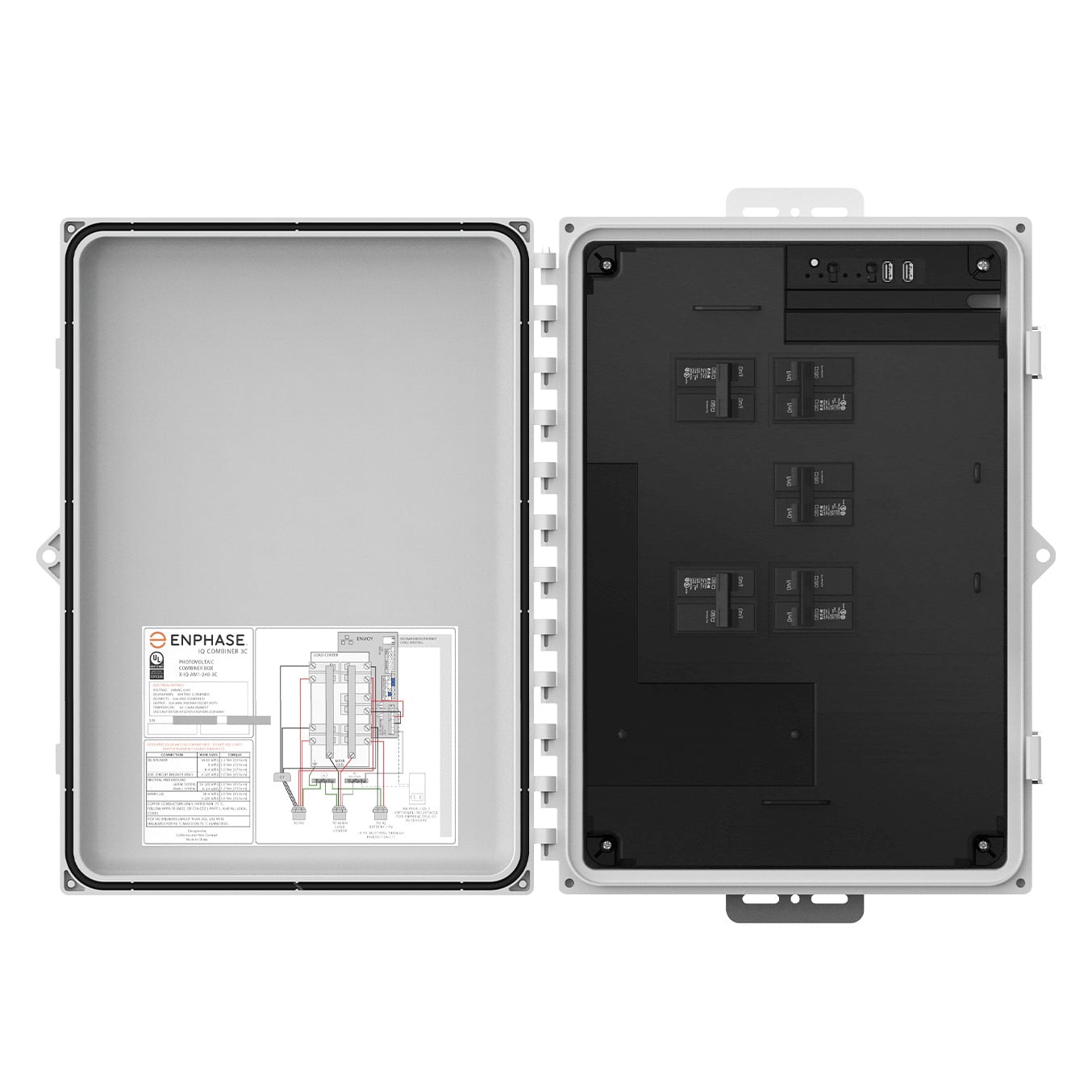 IQ Combiner with IQ Gateway PCBA. 80A, 120V/240V Split Phase. Power option L1, L2, N. Includes 2x CT-200- SPLIT. Includes CELLMODEM-M1-06-SP-05. Allows 4
branch PV circuitswith hold down kits
