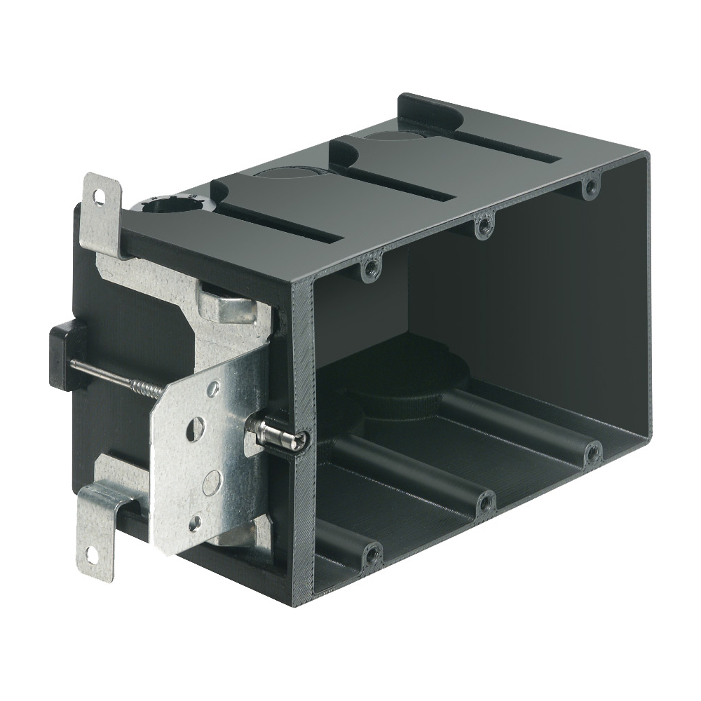Non-Metallic box for new construction. Adjustable for wall thicknesses from 1/4" to 1-1/2". Three Gang, Vertical, 65.0 cu. in. With Grounding Clip