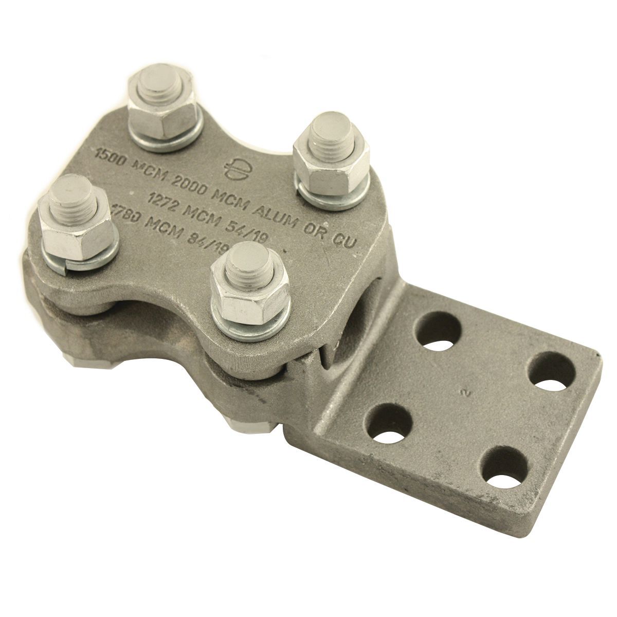 Al Bolted Terminal, Cable to Flat, 350-600 kcmil(Al/Cu), 336.4-477 kcmil(ACSR), 4 NEMA Pad Holes.