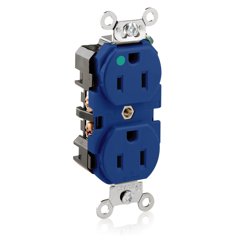 Receptacle, Duplex, 2-Pole, 3-Wire. Nema 5-15R,15A-125V, Hospital Grade Fed Spec, Narrow Body  Design, Back And Side Wired. Industrial Spec Grade,10 Year Warranty. Qualify With .075" Blade. Contacts Are Supplied With Screws Run In. Strap Is Supplied Less Mounting Screws - Blue