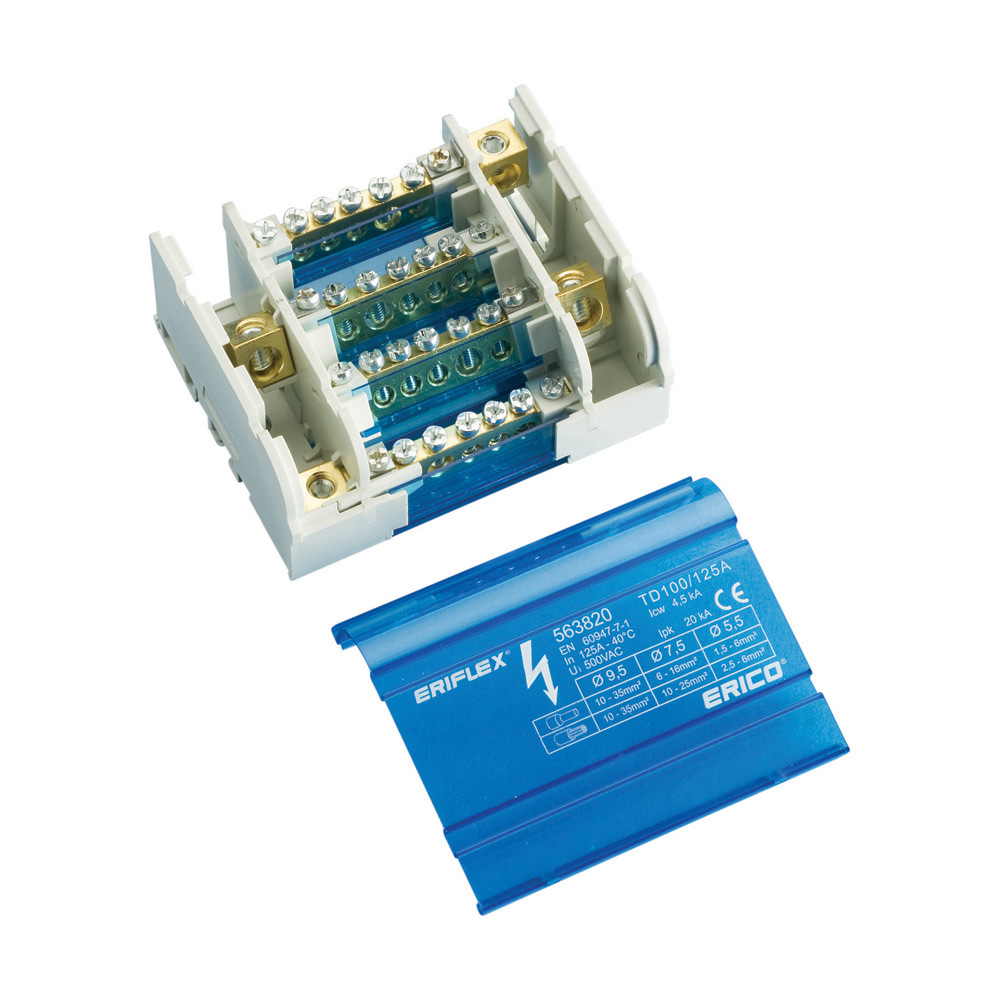 Four Pole Distribution Block, 100/125 A, 1 Line Side & 10 Load Side Connections