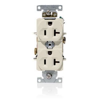 20 Amp, 125 Volt, NEMA 5-20R, 2P, 3W, Duplex Receptacle, Indented Face, Straight Blade, Fed Spec, Heavy Duty Industrial Specification Grade, Self-Grounding, Back & Side Wired, Steel Strap  LIGHT ALMOND