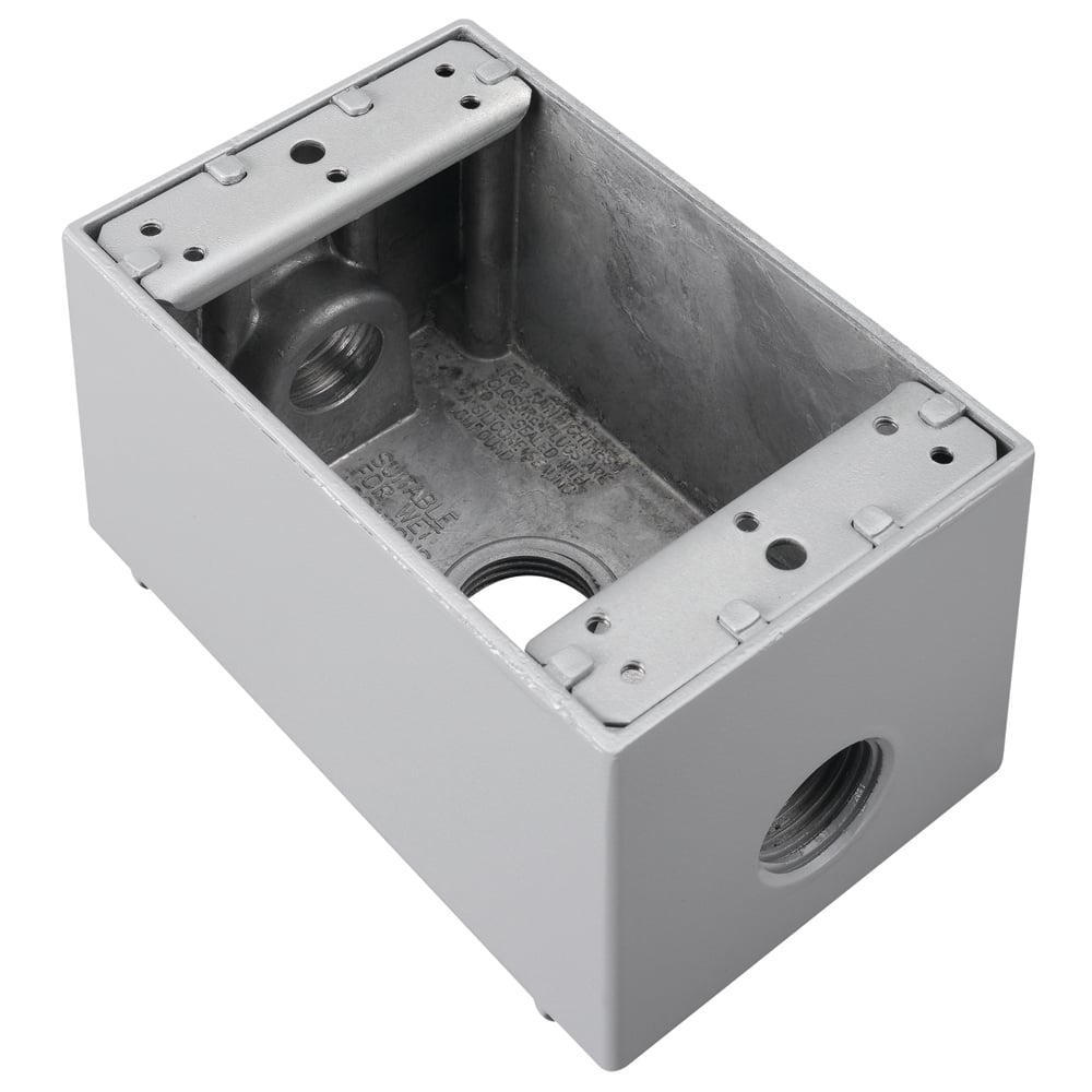 Weatherproof 1 Gang Deep Box, 3 Hole 1/2, 23 Cu.In. with Threaded Holes, Gray (1 Hole each Side, 1 Hole in Back)