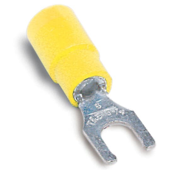 Expanded Vinyl Insulated Locking Fork Terminal, Length 1.10 Inches, Width .37 Inches, Maximum Insulation .250, Bolt Hole #10, Wire Range #12-#10 AWG, Color Yellow, Copper, Tin Plated, 500 Pack