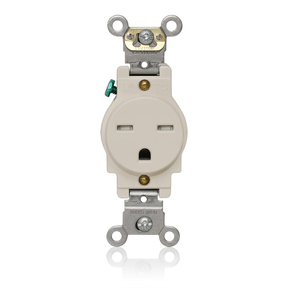 Single Receptacle Outlet, Heavy-Duty Industrial Specification Grade,  Tamper-Resistant, Smooth Face, 15 Amp, 250 Volt, Back and Side Wire, NEMA 6-15R, 2-Pole, 3-Wire, Self-Grounding - Light Almond