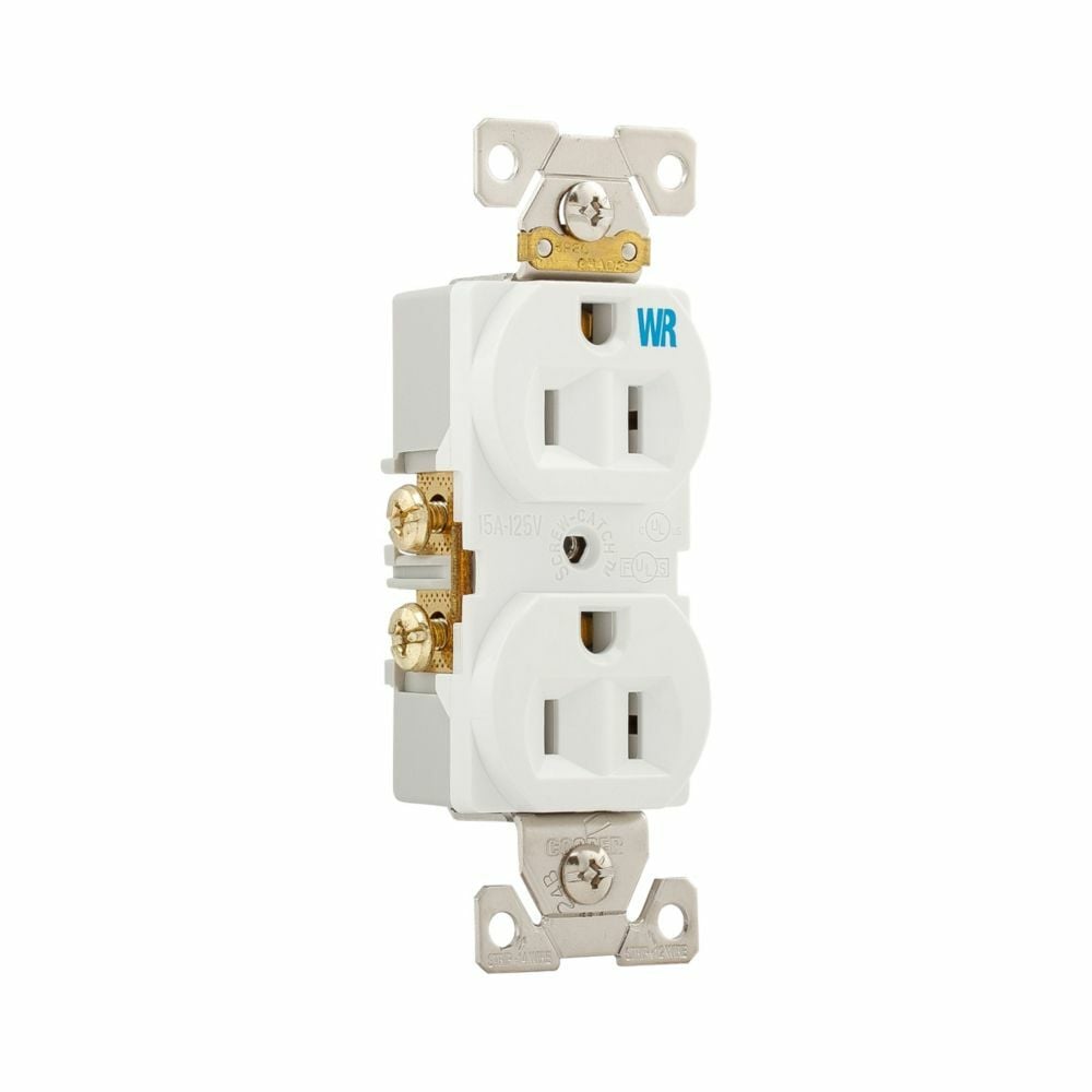 Eaton commercial specification grade duplex receptacle, #14-10 AWG, 15A, Commercial, Flush, 125V, Back and side, White, Brass, Weather resistant, Impact-resistant nylon face, Glass-filled nylon base, 5-15R, Duplex, Screw, Nylon, Core pack