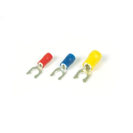 Vinyl Insulated Locking Fork Terminal, Length 1.025 Inches, Width .365 Inches, Maximum Insulation .220, Wire Range #12-#10 AWG, Color Yellow, Copper, Tin Plated