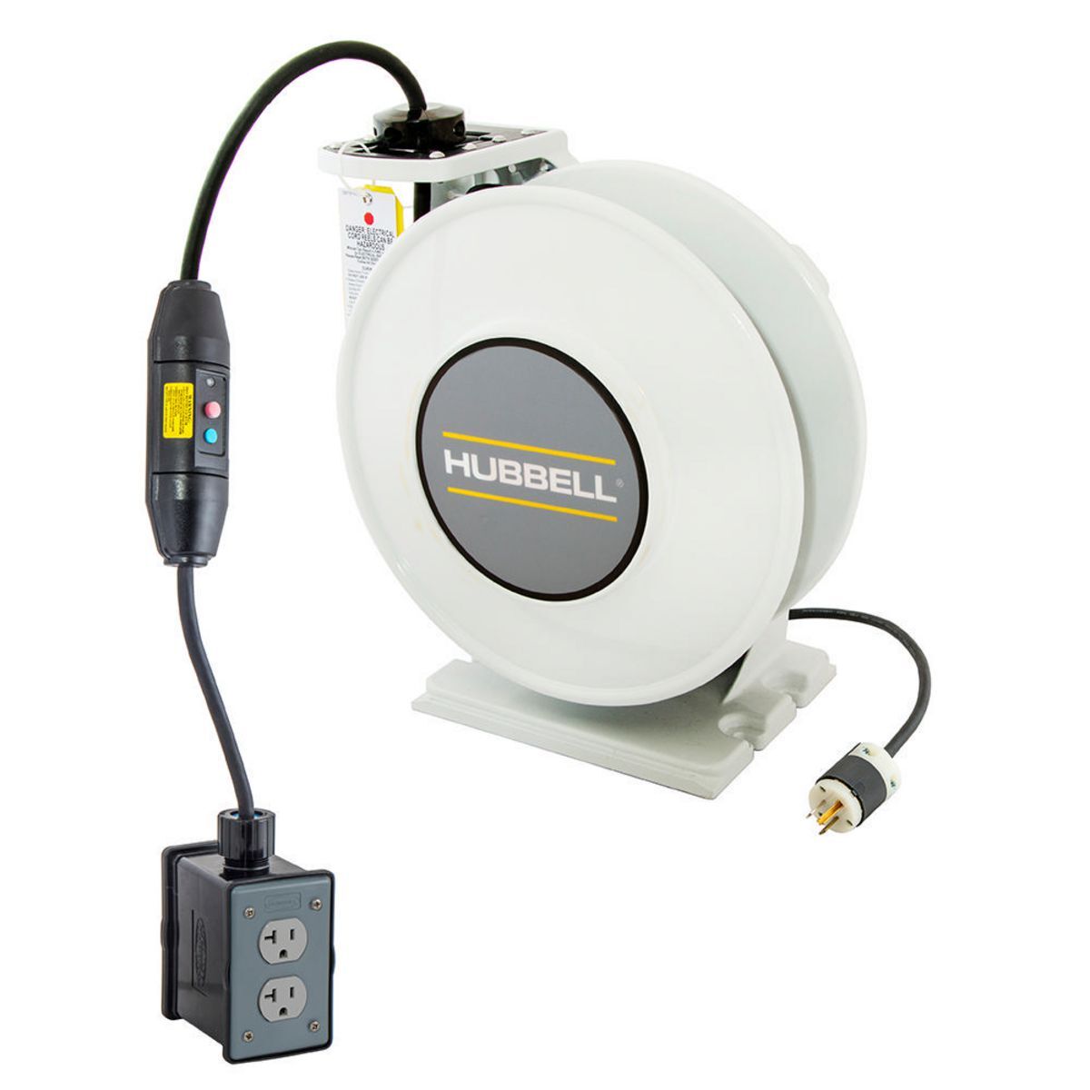 White Industrial Reel with Black Portable Outlet Box, GFCI Module and (2) 20A Duplex Receptacles, UL Type 1, 35 Ft, #12/3 SJO, 20 A, 125 VAC