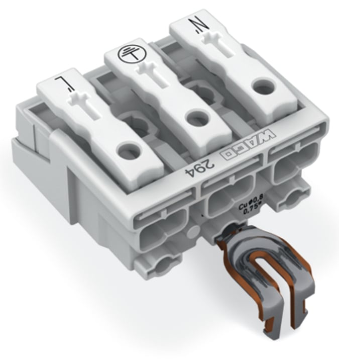 Lighting connector; push-button, external; with snap-in ground contact; 3-pole; Lighting side: for solid conductors; Inst. side: for all conductor types; max. 2.5 mm; Surrounding air temperature: max 85C (T85); 2,50 mm; white