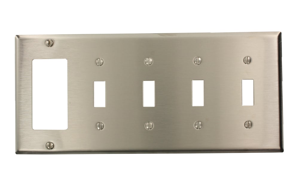 5-Gang 4-Toggle, 1-Decora/GFCI Device Combination Wallplate, Device Mount, Stainless Steel