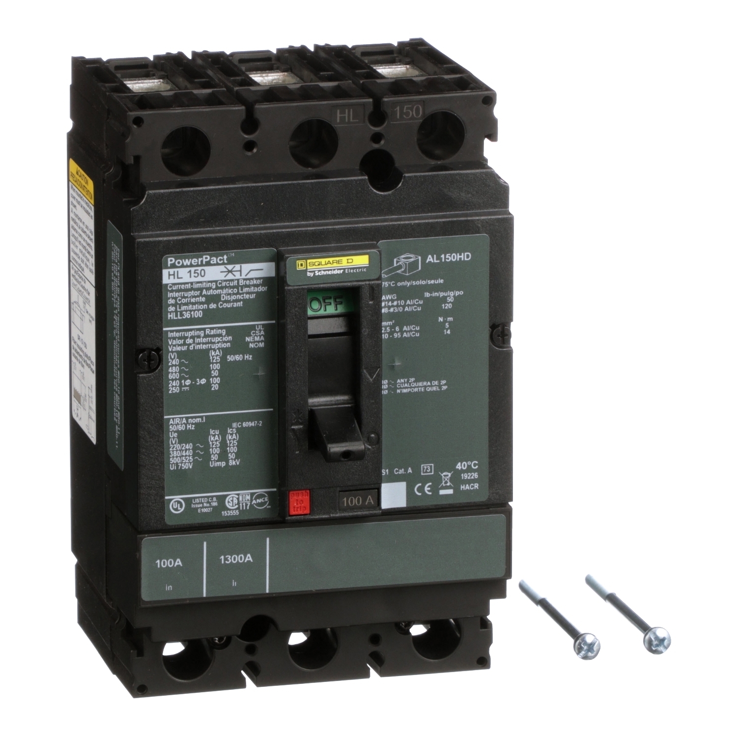 Circuit breaker, PowerPacT H, 100A, 3 pole, 600VAC, 50kA, lugs, thermal magnetic, 80%