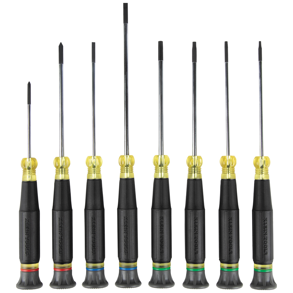 Klein Tools 8-Piece Precision Screwdriver Set helps get the job done when precision is key. These tools have all the quality and standards of full size screwdrivers with precise finger control for turning blades in tight spaces. This set includes 2 flat tip screwdrivers, 2 Phillips screwdrivers and 4 TORX screwdrivers. Individual screwdrivers also sold separately.