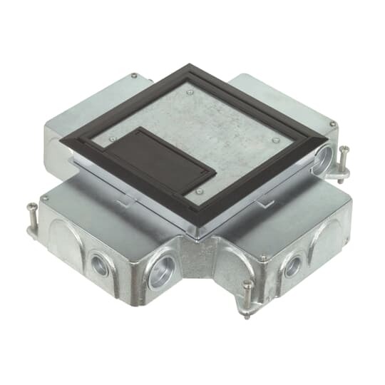Four Gang Recessed Service Floor Box, 126 Cubic Inches for Device Access and 45 Cubic Inches for Device Compartments, Length 14.81 Inches, Width 14.81 Inches, Depth 3-5/8 Inches, Compartment Size Length 5-3/4 Inches Width 3-1/2 and 2-1/4 Inches and Depth 3-3/8 Inches, 3/4 Inch and 1-1/4 Inch Threaded Conduit Openings, Cast Iron, Delivers Power, Communications and Data from Standard Conduit with No Exposed Service Fittings