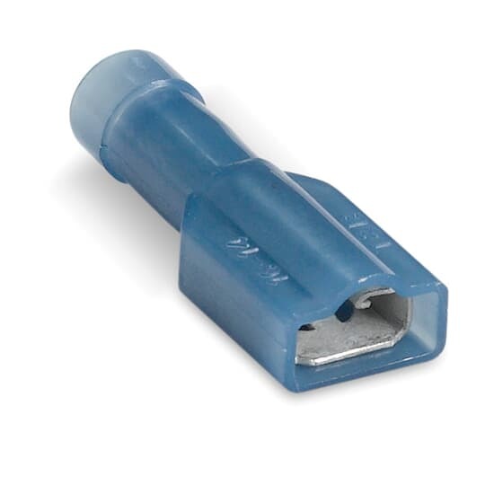 Nylon Fully Insulated Female Disconnect, Length 1.01 Inches, Width .38 Inches, Maximum Insulation .185, Tab Size .250x.032, Wire Range #16-#14 AWG, Color Blue, Brass, Tin Plated, 1,000 Pack