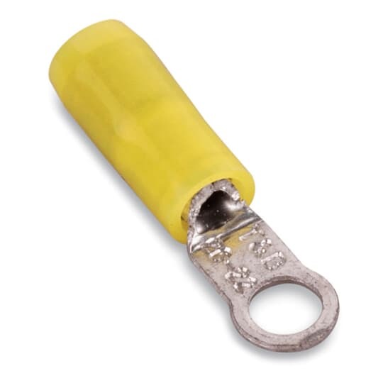 Nylon Insulated Ring Terminal, Length .57 Inches, Width .14 Inches, Maximum Insulation .083, Bolt Hole #2, Wire Range #26-#22 AWG, Color Yellow, Copper, Tin Plated