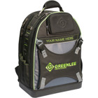 Professional Tool Backpack.  Personalized Name Plate: Customize your bag with a personalized embroidered name plate.  Poly & Nylon Ripstop Construction: Makes for a durable lightweight bag.  Impact Resistant Waterproof Plastic Bottom: Keeps tools and bag protected from the elements.  Green Interior: High tool visibility.  High Visibility Reflective Piping: Helps locate your tool bag in dark work spaces.  30 Universal Double Stitched Pockets: Heavy duty pockets for ultimate tool storage & organization.  2 Separate Zippered Compartments: For easier tool organization  Second zippered compartment allows for easy storage of power drill, batteries, chargers and etc.  Large Supported Front Pocket: Conveniently carries fish tape or hard hat.  Thermoformed Molded Safety Pocket: Keep safety glasses and other small valuables safe in the work environment.  Formed Steel Hanging Hook:Hang your bag for easy access.  S-Strap Shoulder Strap: Ergonomically designed fit to distribute weight evenly.  Padded Lumbar Support: Reduces back strain when carrying a loaded backpack.