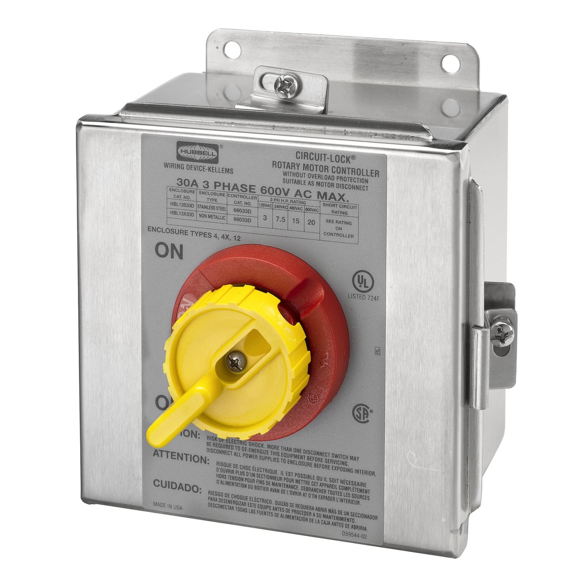 Switches and Lighting Controls, Industrial Grade, Rotary Switches, Motor Disconnects, Three Pole, 30A 600V AC, Back and Side Wired, Stainless, NEMA 4X Enclosure with Switch