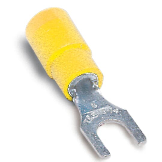 Expanded Vinyl-Insulated Fork Terminal, Length 1.11 Inches, Width .38 Inches, Maximum Insulation .250, Bolt Hole #8, Wire Range #12-#10 AWG, Color Yellow, Copper, Tin Plated