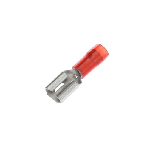 Nylon Insulated Female Disconnect, Length .91 Inches, Width .29 Inches, Maximum Insulation .136, Tab Size .250x.032, Wire Range #22-#18, Color Red, Copper, Tin Plated