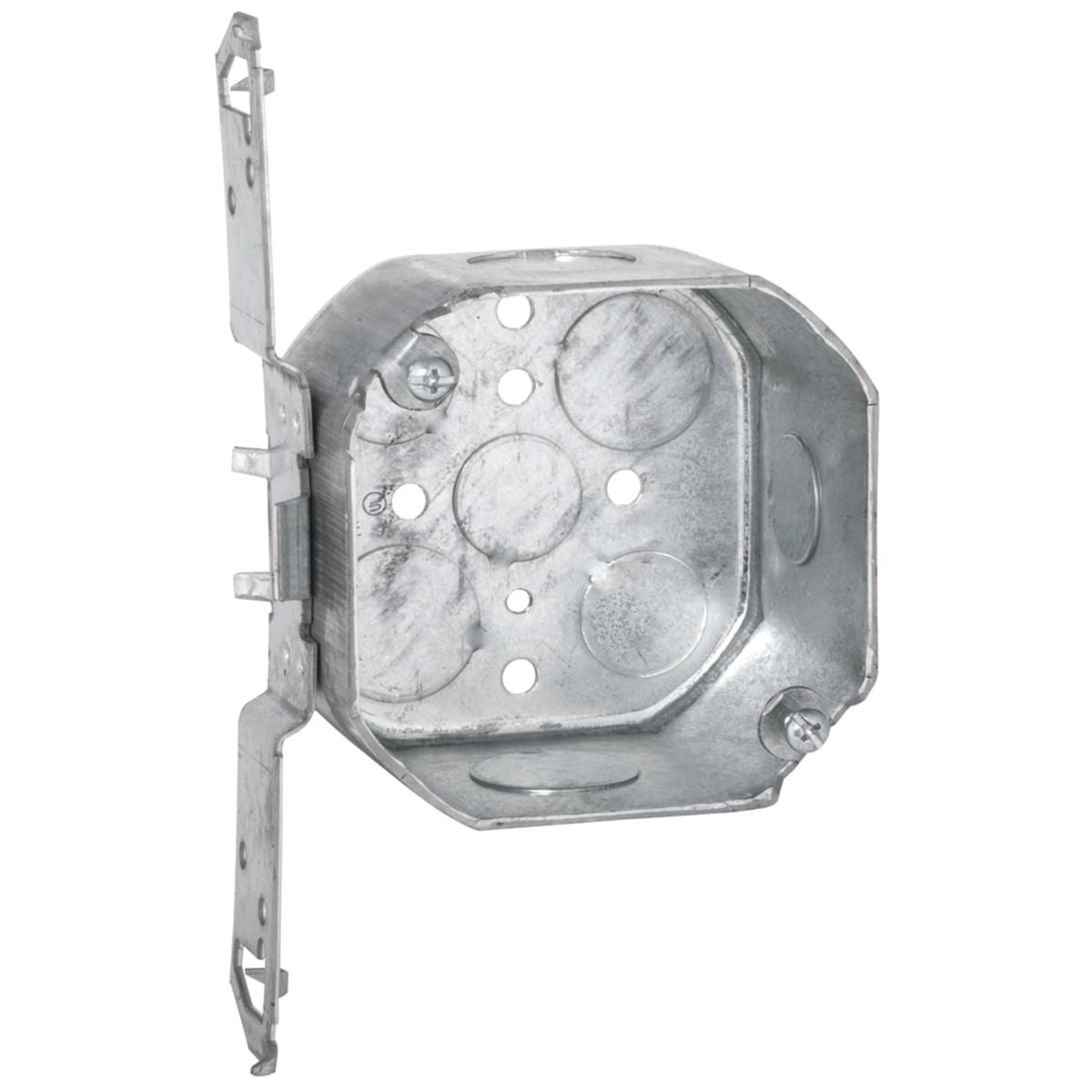 4 In. Octagon Box, 2-1/8" Deep - Drawn with Conduit KO's, TS Bracket,1/2In. Setback