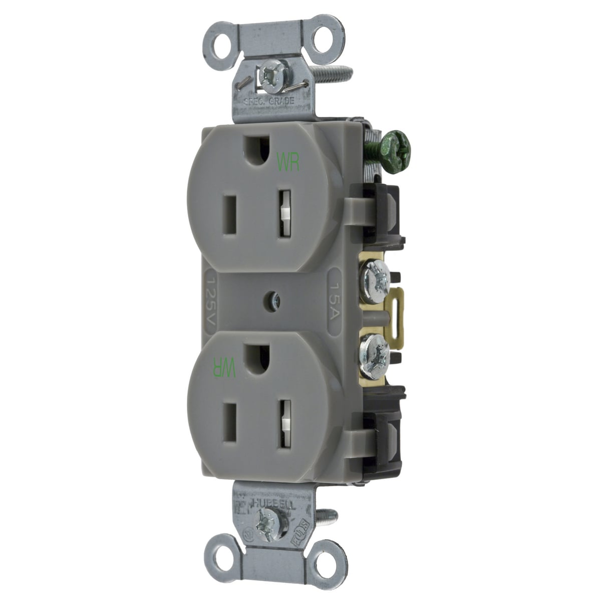 Straight Blade Devices, Receptacles, Tamper and Weather-Resistant Duplex, Commercial/Industrial Grade, 2-Pole 3-Wire Grounding, 15A 125V, 5-15R, Gray, Single Pack.