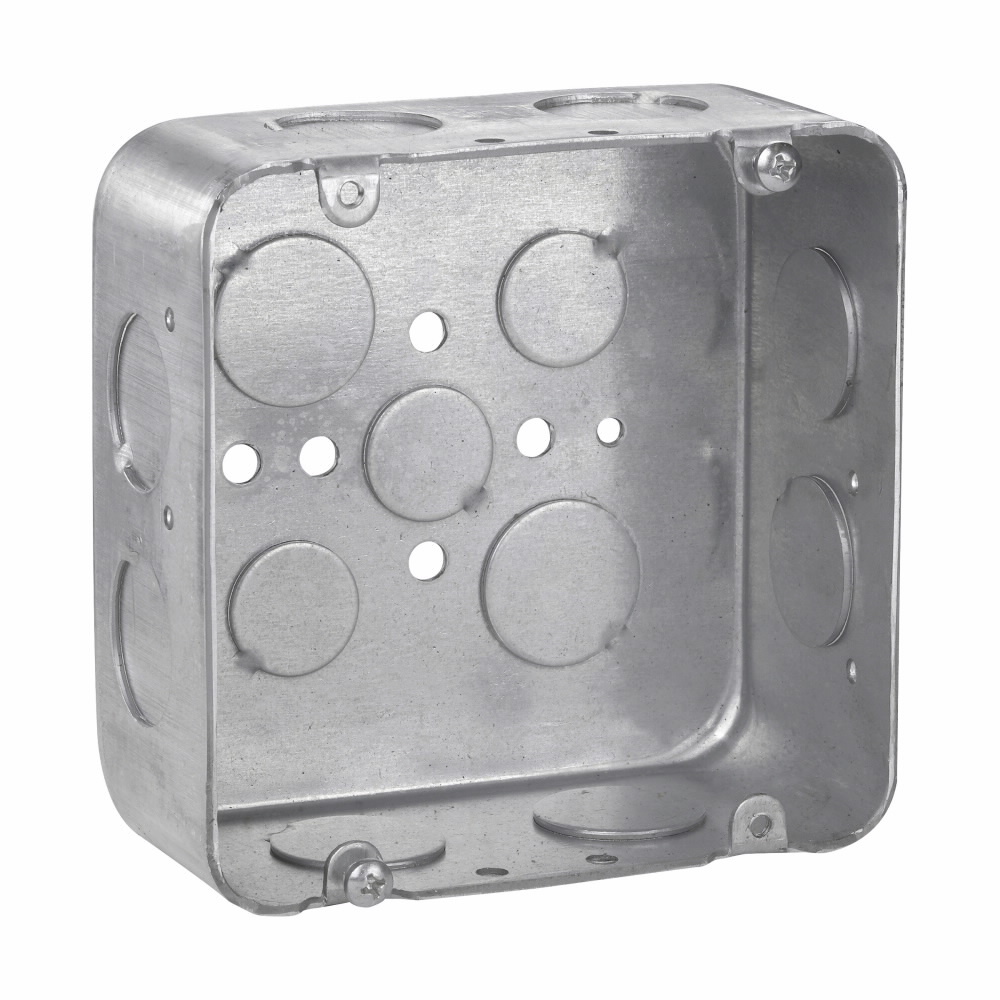 Eaton Crouse-Hinds series Square Outlet Box, (3) 1/2", (2) 3/4", 4-11/16", Conduit (no clamps), Drawn, 2-1/8", Steel, (8) 3/4", Air plenum, 42.0  cubic inch capacity
