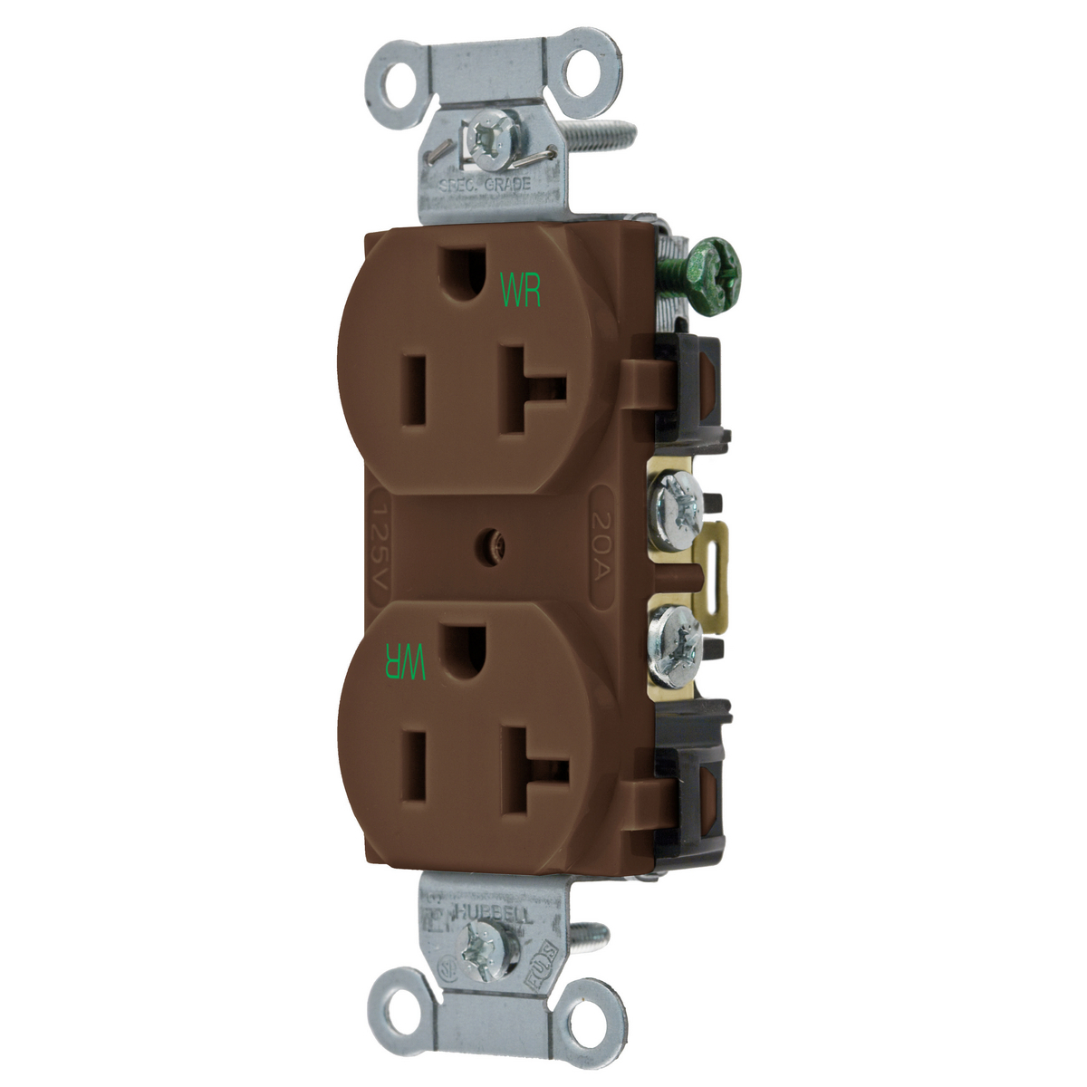 Straight Blade Devices, Receptacles, Weather-Resistant Duplex, Commercial/Industrial Grade, 2-Pole 3-Wire Grounding, 20A 125V, 5- 20R, Brown, Single Pack.