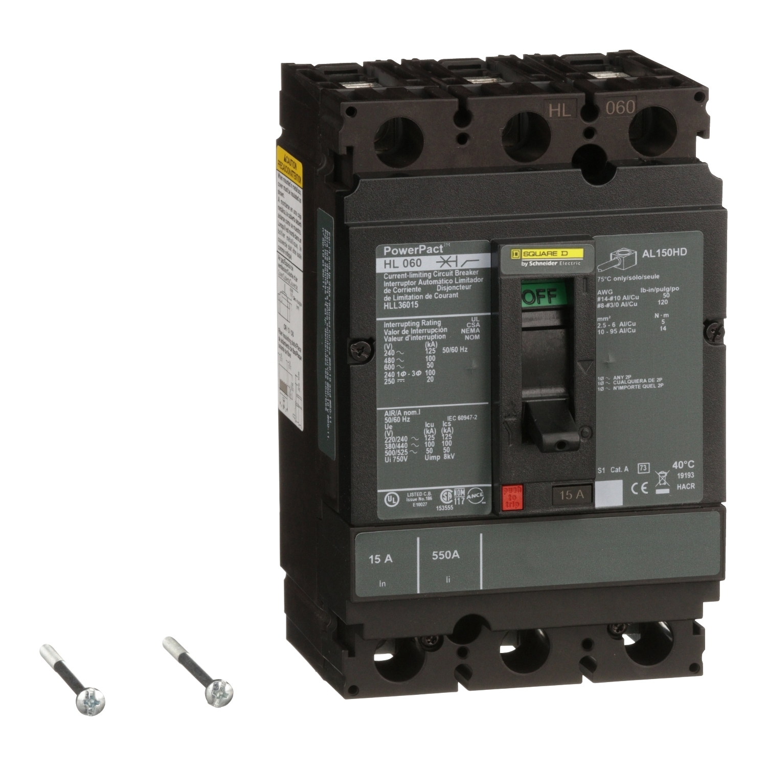 Circuit breaker, PowerPacT H, 15A, 3 pole, 600VAC, 50kA, lugs, thermal magnetic, 80%