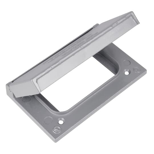1 Gang Device Box Cover, Die Cast Aluminum, GFCI Receptacle Horizontal, Box Mount, Raintight When Used with Appropriate Box, Gasket and Screws Included with Cover