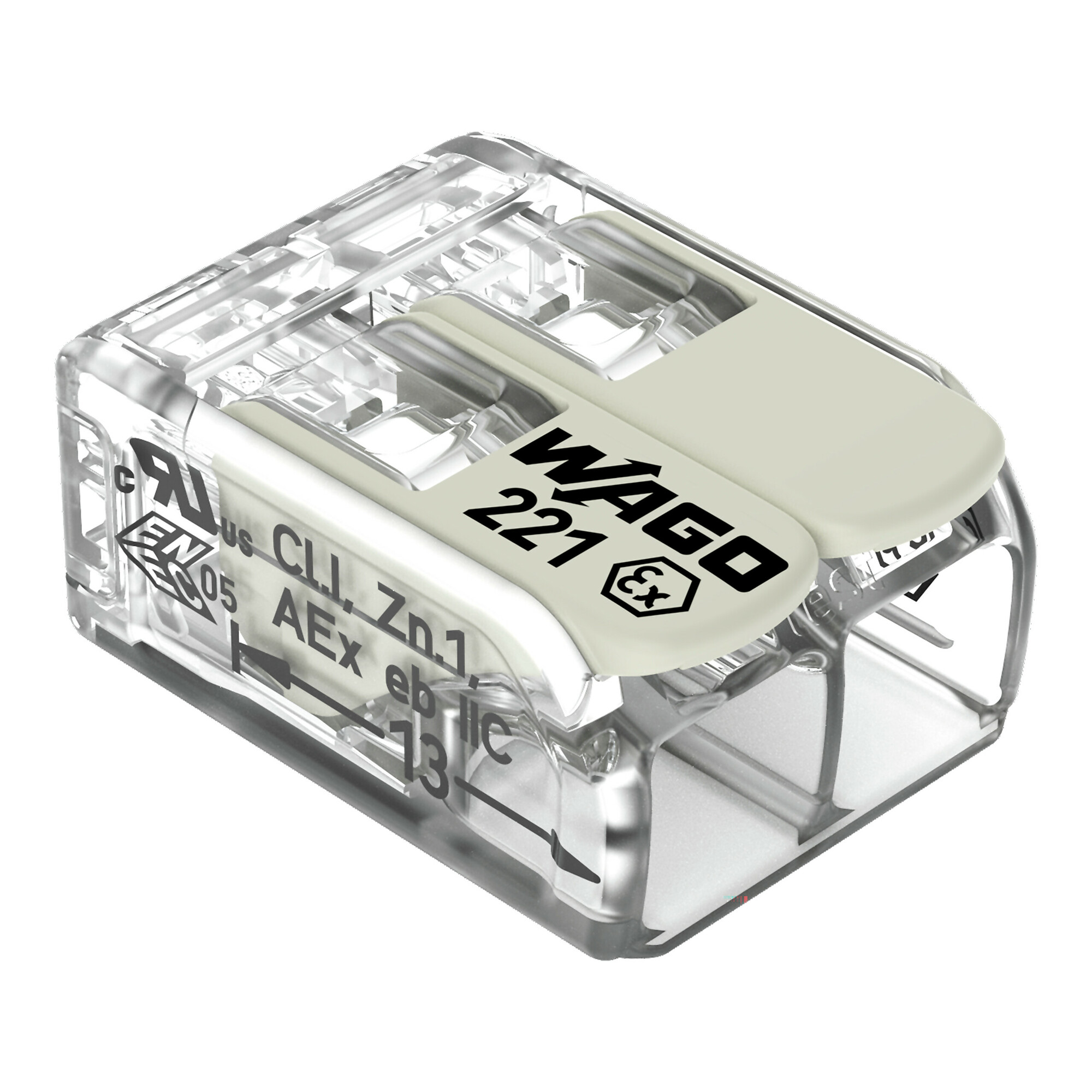 LEVER-NUTS® splicing connector for Ex applications;  COMPACT splicing connector for all conductor types 20-10 AWG, transparent,Box of 50 pieces