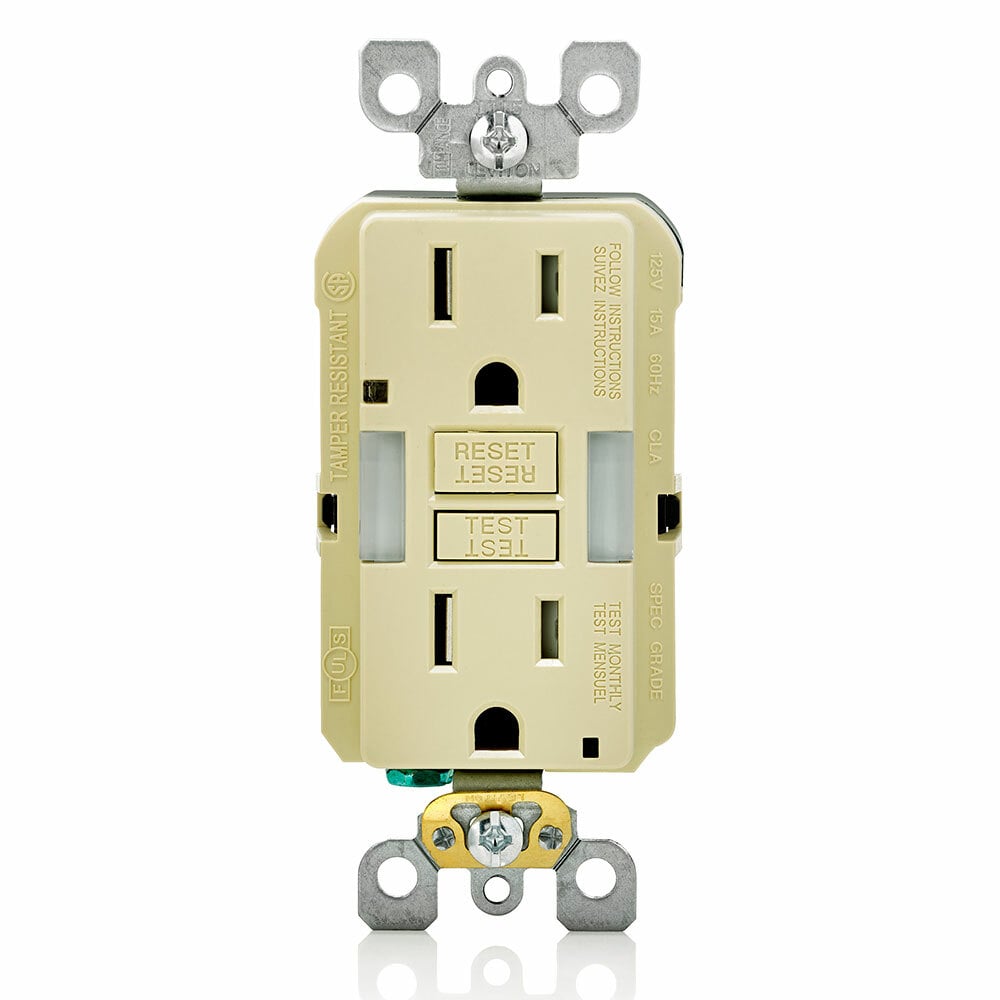 15 Amp, 125 Volt Receptacle/Outlet, 20 Amp Feed-Through, Tamper-Resistant, Self-test SmartlockPro Slim Guide Light GFCI, Monochromatic, back and side wired, self-grounding clip included, wallplate/faceplate sold separately - Ivory