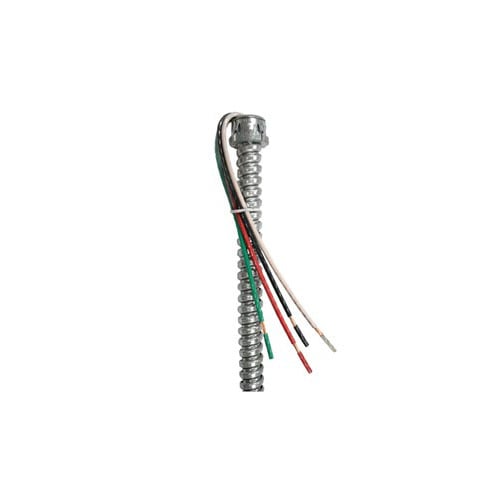 EPCO, Fixture Whip, Solid Wire, Number Of Conductors: 4, Conductor Size: (4) 18 AWG, Voltage Rating: 120 V, Insulation Material: THHN, Color: Black,Red,White,Green, Length: 6 FT, Conduit Size: 3/8 IN, Conduit Material: Steel, Includes: Die Cast Snap-In Connectors