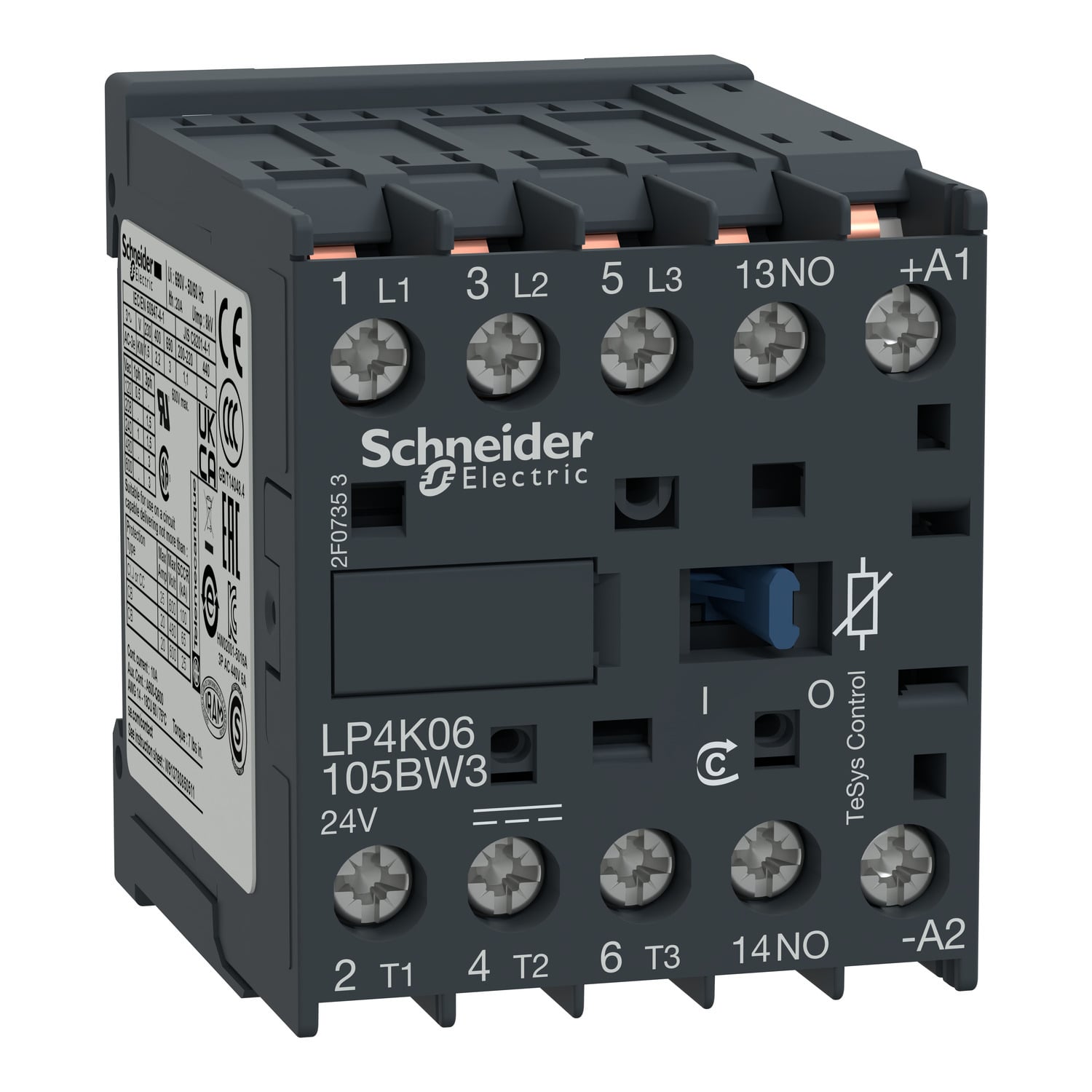Contactor, TeSys K, 3P, AC-3, lt or eq to 440V, 9A, 1 NO aux, 24VDC coil