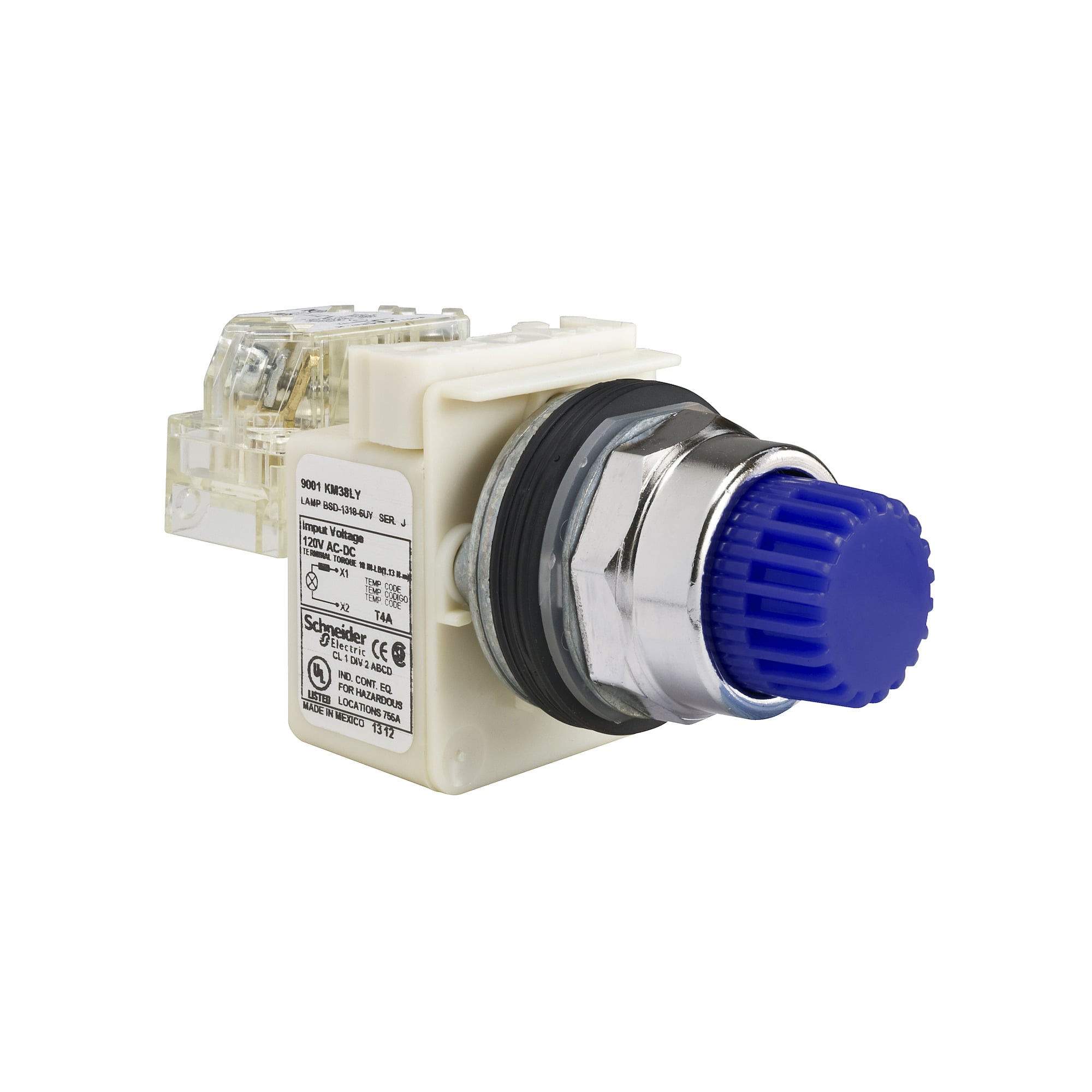 Illuminated push-button, Harmony 9001K, metal, projecting, blue, 30mm, spring return, LED blue, 120V, 1 C/O