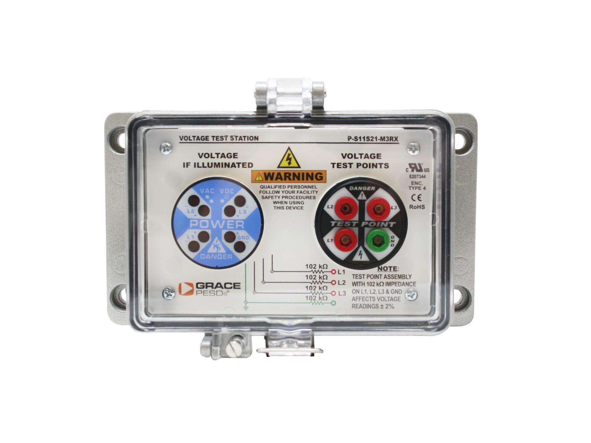 VOLTAGE TEST STATION WITH MULTI-ENVIRONMENT FLASHING VOLTAGE INDICATOR AND SAFE TEST POINT, HORIZONTAL MOUNT, UL TYPE 4 HOUSING