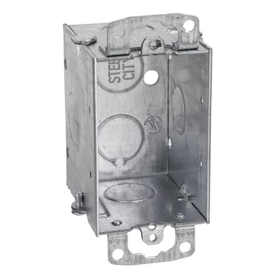 Gangable Switch Box, 12.5 Cubic Inches, 3 Inches Long x 2 Inches Wide x 2-1/2 Inches Deep, 1/2 Inch Knockouts, Pre-Galvanized Steel, Ground Screw, and Ears Flush, For use with Conduit