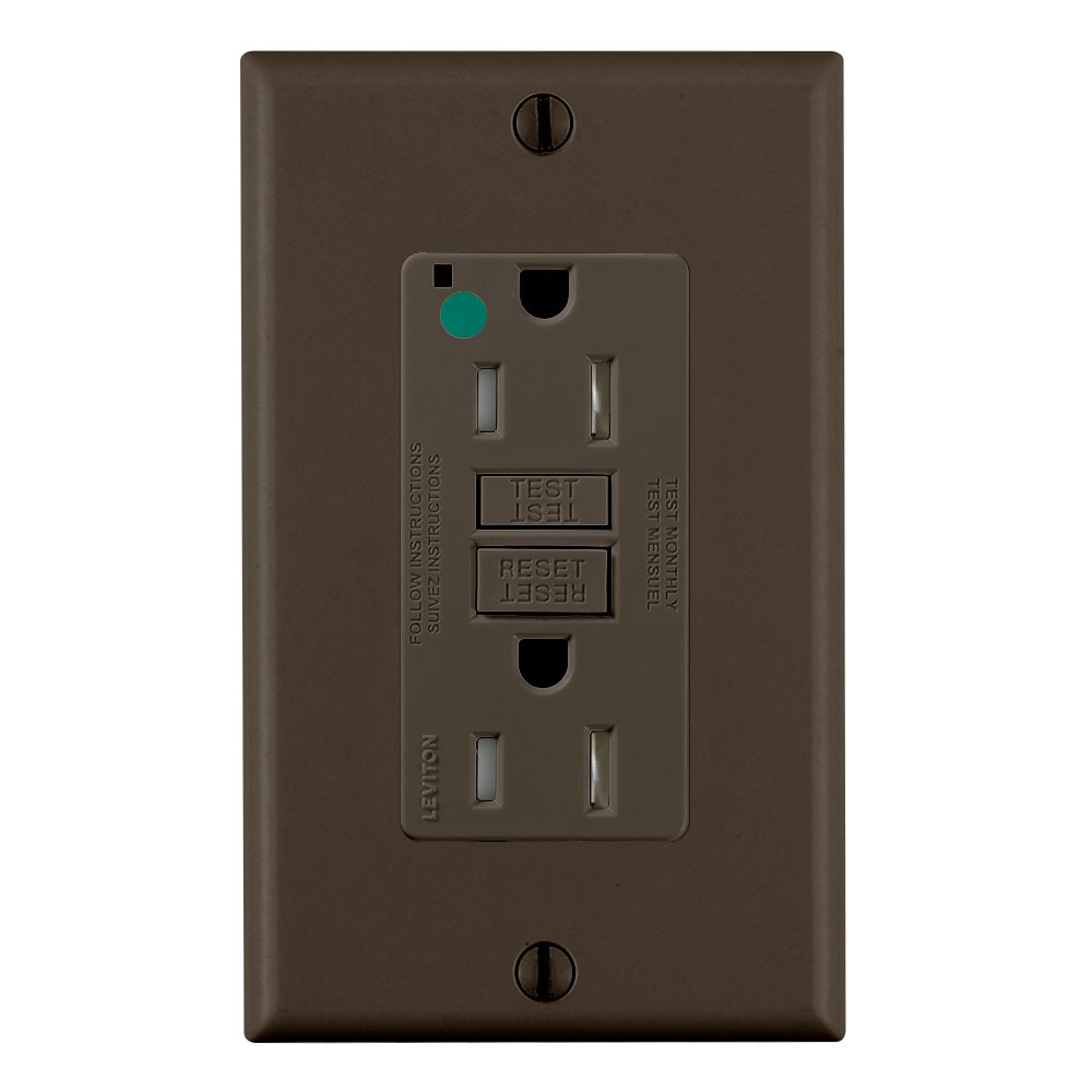 15 Amp, 125 Volt, SmartlockPro Slim Self-Test GFCI Receptacle, Extra-Heavy Duty Hospital Grade, Tamper-Resistant, NEMA 5-15R, 20A Feed-Through, 2P, 3W, Matching Wallplate Included - BROWN