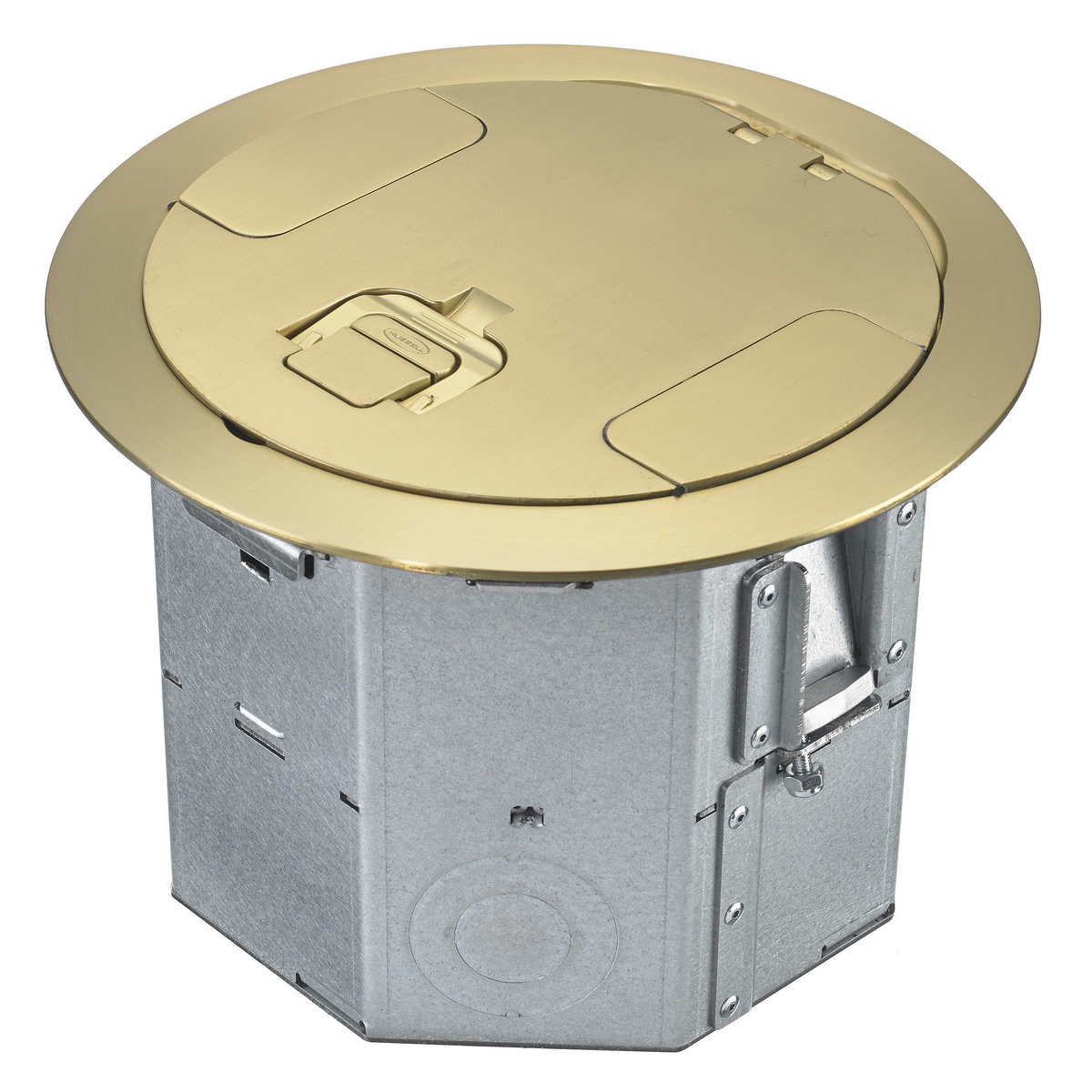 Raised Access or Wood Floorboxes, Galvanized Stamped Steel Box, Recessed, 4-Gang RAFB Series, 6.47" Deep Round Box with CFBS1R8CVRBRS Brass Brushed Plated Cover