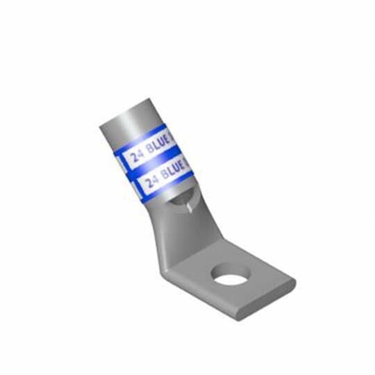 Copper One-Hole Lug, 45 Degree Bend Standard Barrel, Peep Hole, Max 35kV, 250 kcmil Wire, 3/8 Inch Bolt Size, Tin Plated,  Die Code 62, Die Color Code Yellow