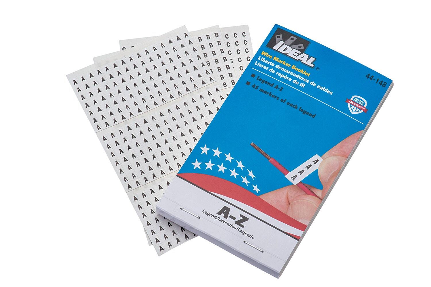IDEAL, Wire Marker Booklet, Size: 1/4 X 1-1/2 IN Marker, Material: Plastic-Impregnated Cloth, Legend: A-Z, Temperature Rating: -40 To 180 DEG F, Markers Per Page: A-Z (45 each), Number Of Pages: 26/Booklet, Legend Color: Non-Smear Black, Adhesion: 45 OZ/IN Width Ultimate, Includes: 1170 Total Markers