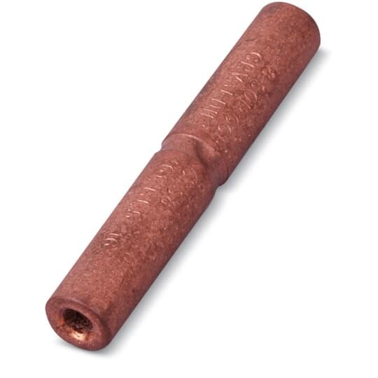 Copper Full-Tension Distribution Compression Splice for Wire Size: 6 Solid Copper.   Dies: 161, TP, 5/16.  Length 2-1/4 inch, Diameter 19/64 inch.