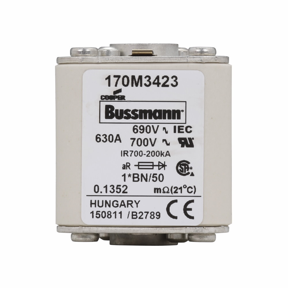 Eaton Bussmann series high speed square body fuse, 700V (UL), 690V (IEC), 630A, 200 kAIC, Top fuse status indicator, Fuse, Class aR, Flush - 170M3423
